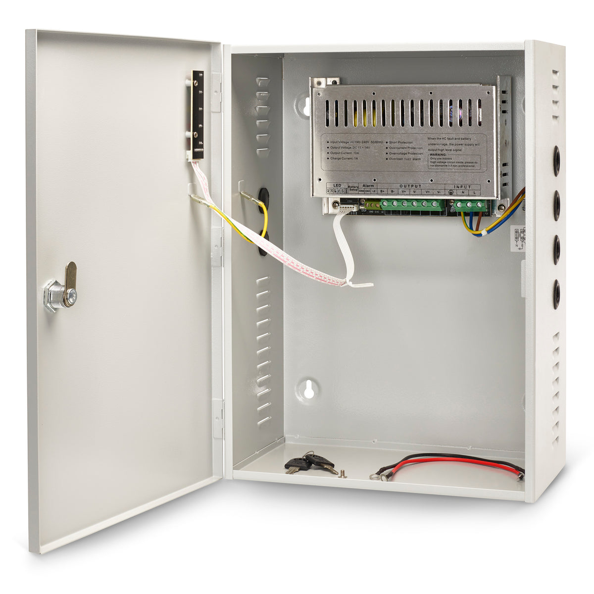 Internal view of a 24VDC 10A boxed power supply unit showing the lockable enclosure and circuit board
