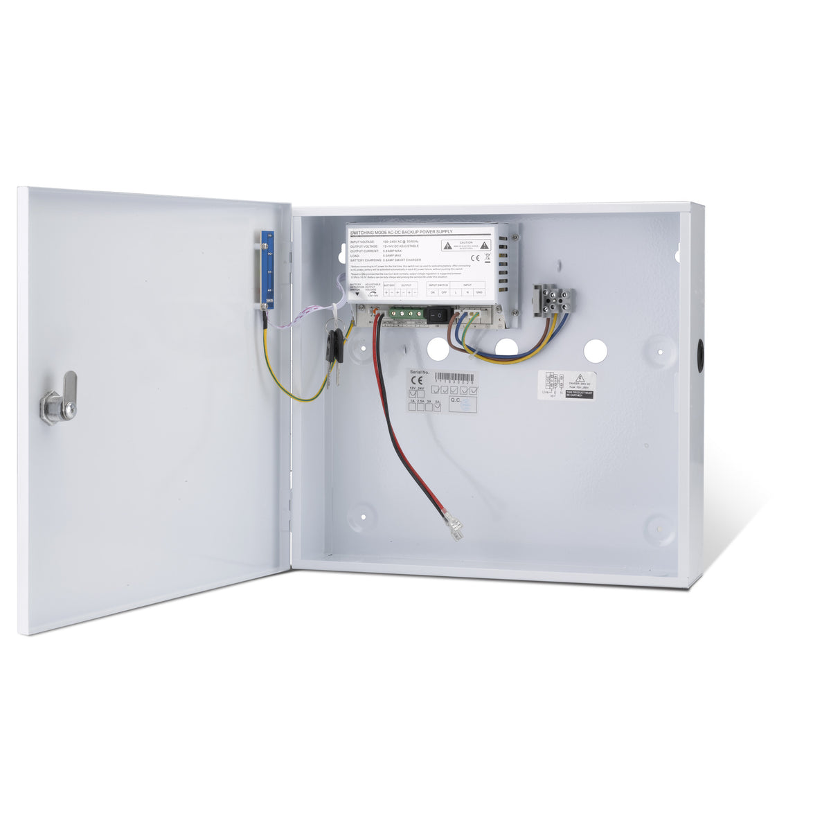Internal view of a 24VDC boxed power supply unit showing the large lockable enclosure, battery compartment and circuit board