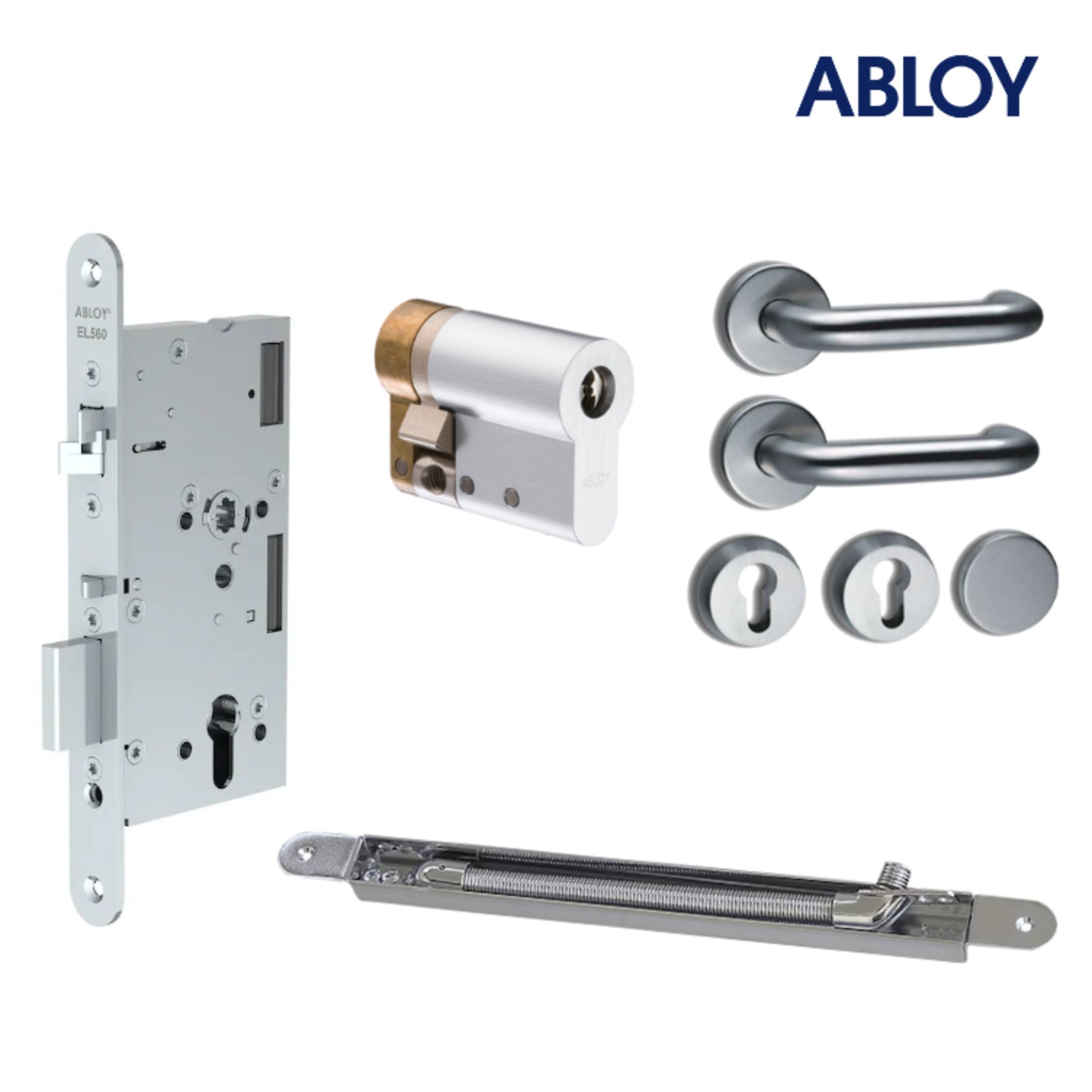 ABLOY EL560 Lock Package 1E, comes with EL560 Solenoid Lockcase, CY326U lock cylinder, EA280 Concealed Door Loop & 60-0319-SSS Handle Set.