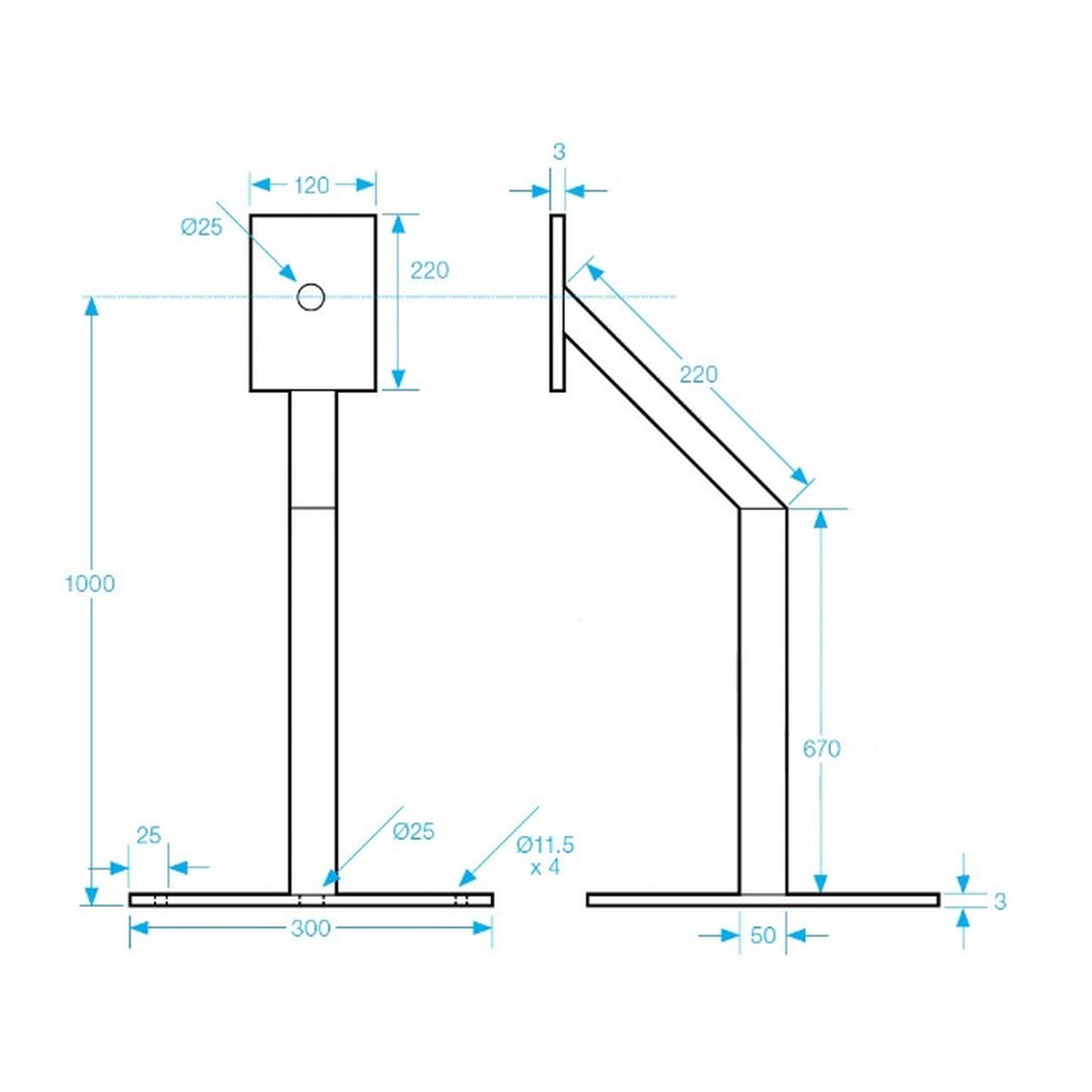 POST-M-G pedestrian height steel mounting post for intercoms and access control equipment showing dimensions