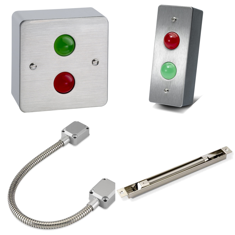 LED access control indicators with concealed and standard door loops for access control systems.