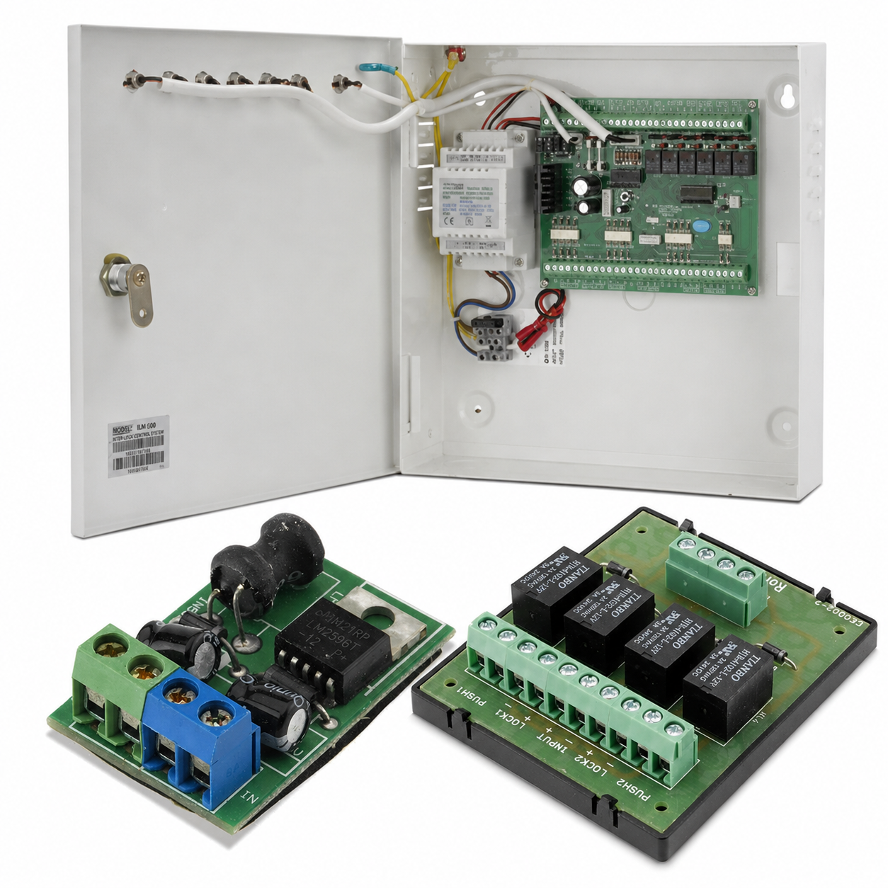 Access control interface modules including door interlock modules, interlock control systems and voltage reducing modules