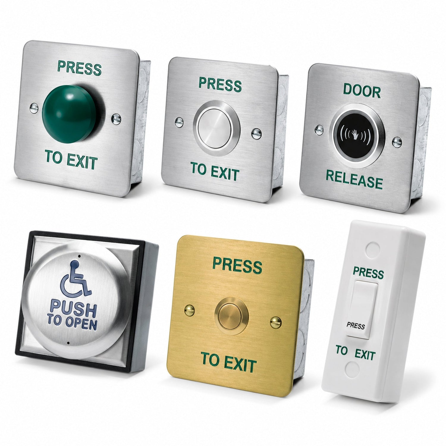 Exit Buttons, Green Dome, Infrared, Plastic Buttons, Brass Buttons, Push Bars