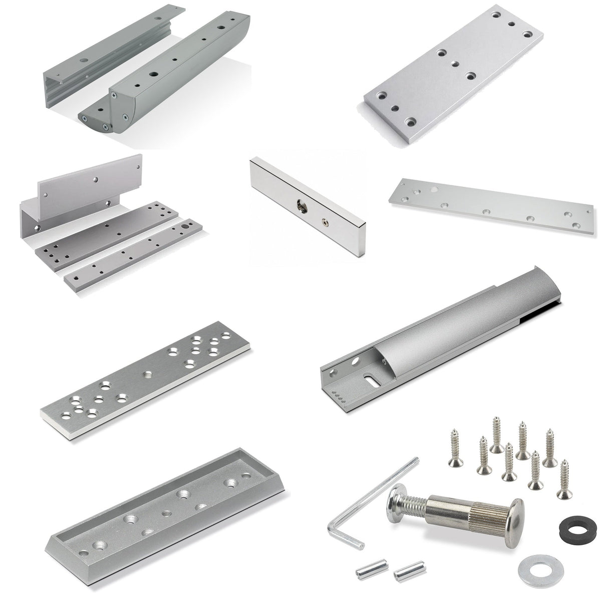 Magnetic lock accessories, including Z & L brackets, L brackets, Z brackets, armature housings, mounting plates and fixing accessories for maglock installations.