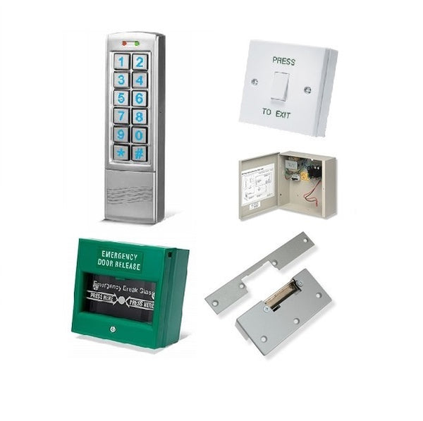 Complete single door access control kits with keypad, proximity reader, lock, power supply, exit button and emergency door release