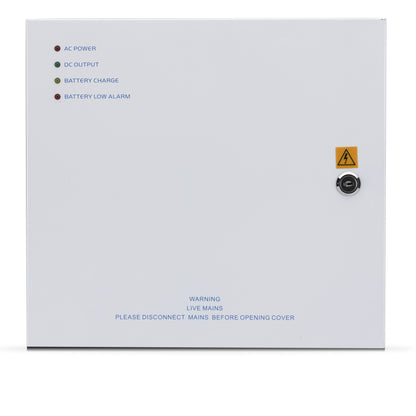 12VDC boxed power supply unit in a large lockable metal enclosure
