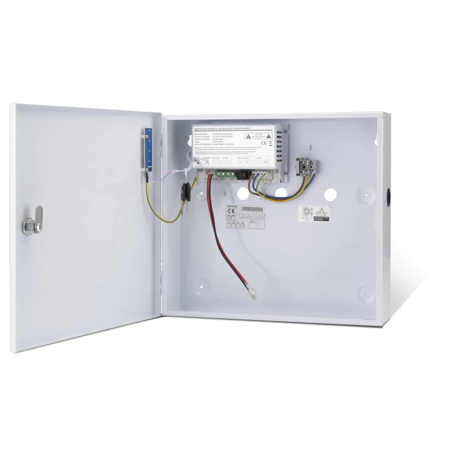 Internal view of a 12VDC boxed power supply unit showing the large enclosure, battery compartment and charging circuit
