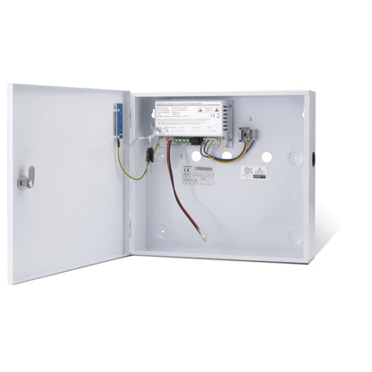Internal view of a 12VDC boxed power supply unit showing the large enclosure, battery compartment and charging circuit