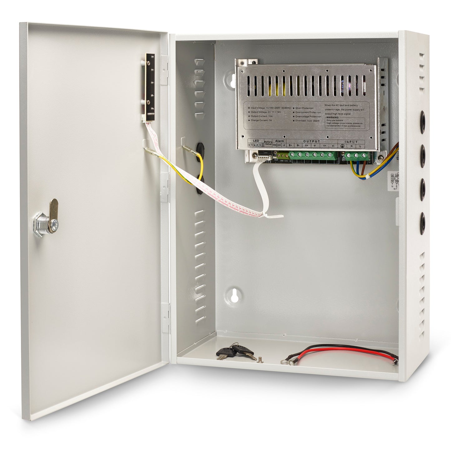 Internal view of a 24VDC 10A boxed power supply unit showing the lockable enclosure and circuit board