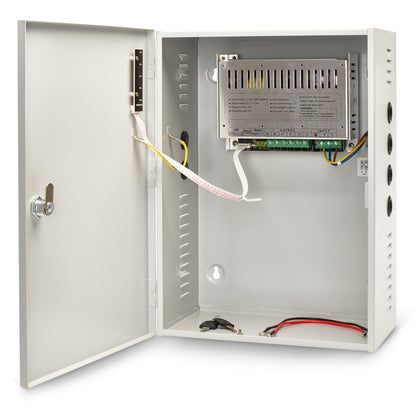 Internal view of a 24VDC 10A boxed power supply unit showing the lockable enclosure and circuit board