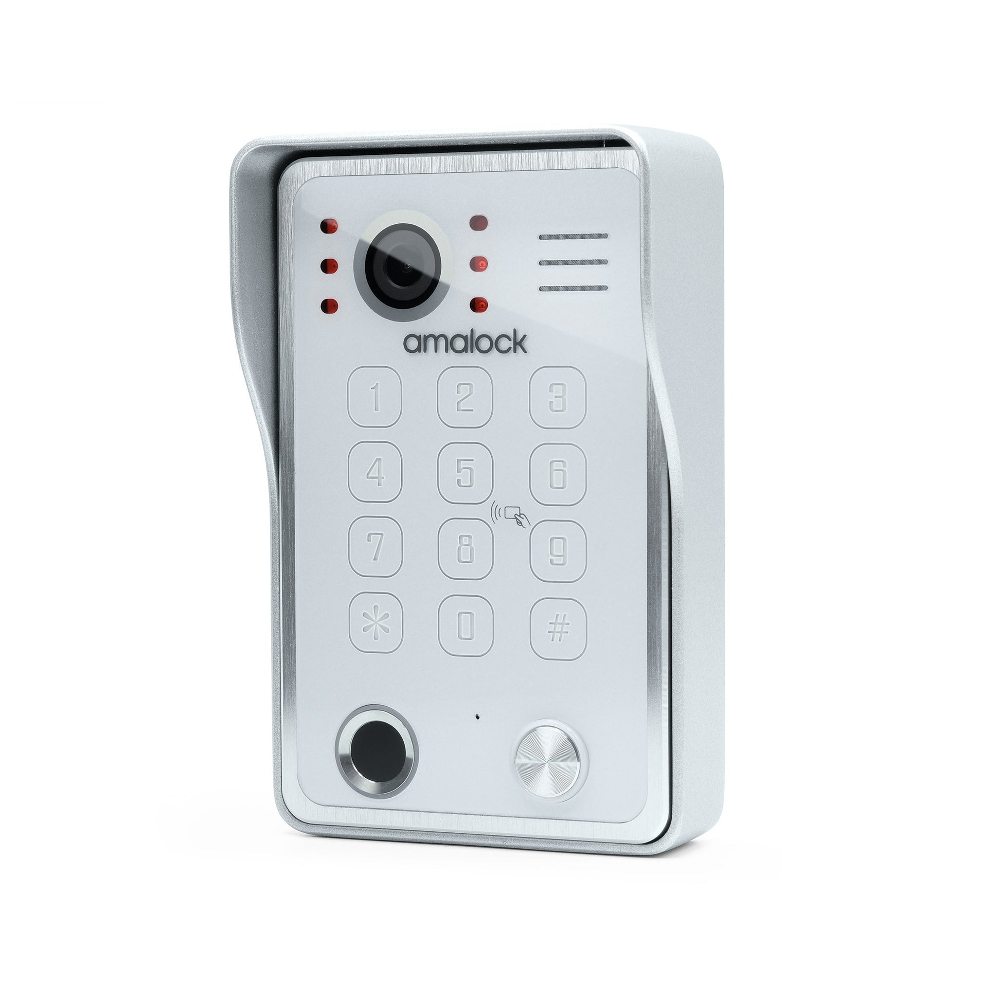 Amalock P2 video door entry outdoor station with keypad, proximity card reader and fingerprint reader.