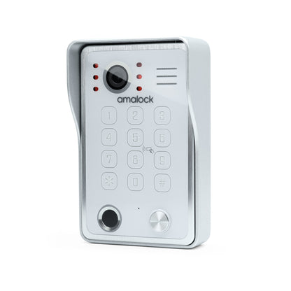 Amalock P2 video door entry outdoor station with keypad, proximity card reader and fingerprint reader.