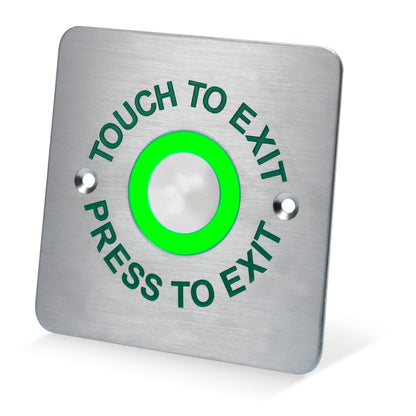 BTS486 brushed stainless steel touch sensitive request to exit button showing green LED illumination