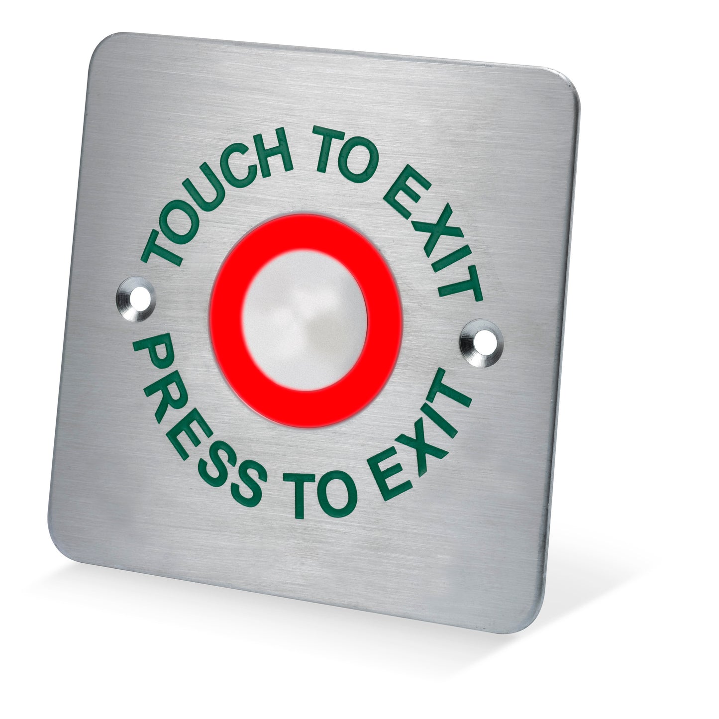 BTS486 brushed stainless steel touch sensitive request to exit button showing red LED illumination