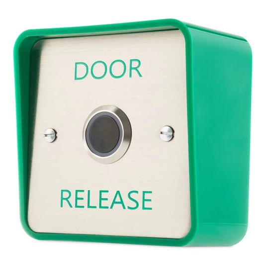 DRB-IR-1224-SBB-GRN surface mount infra-red exit button with green housing