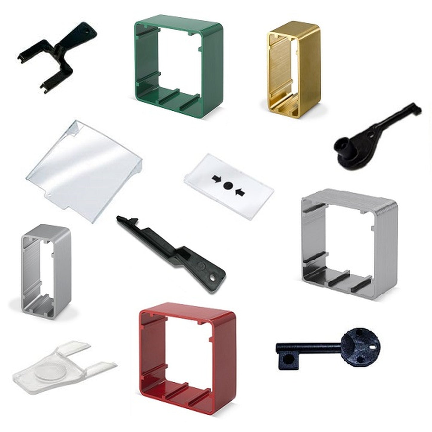 Exit device accessories including call point glass, reset keys and surface mount surrounds