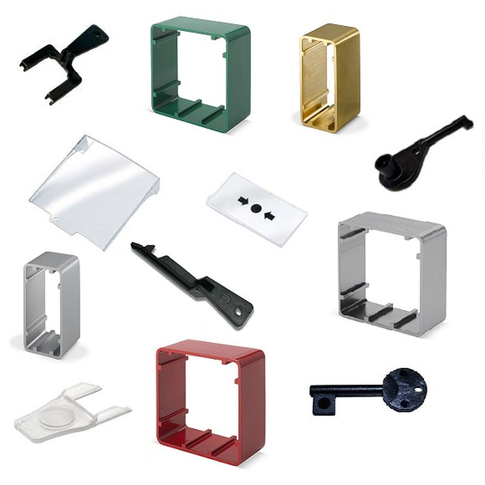 Exit device accessories including call point glass, reset keys and surface mount surrounds