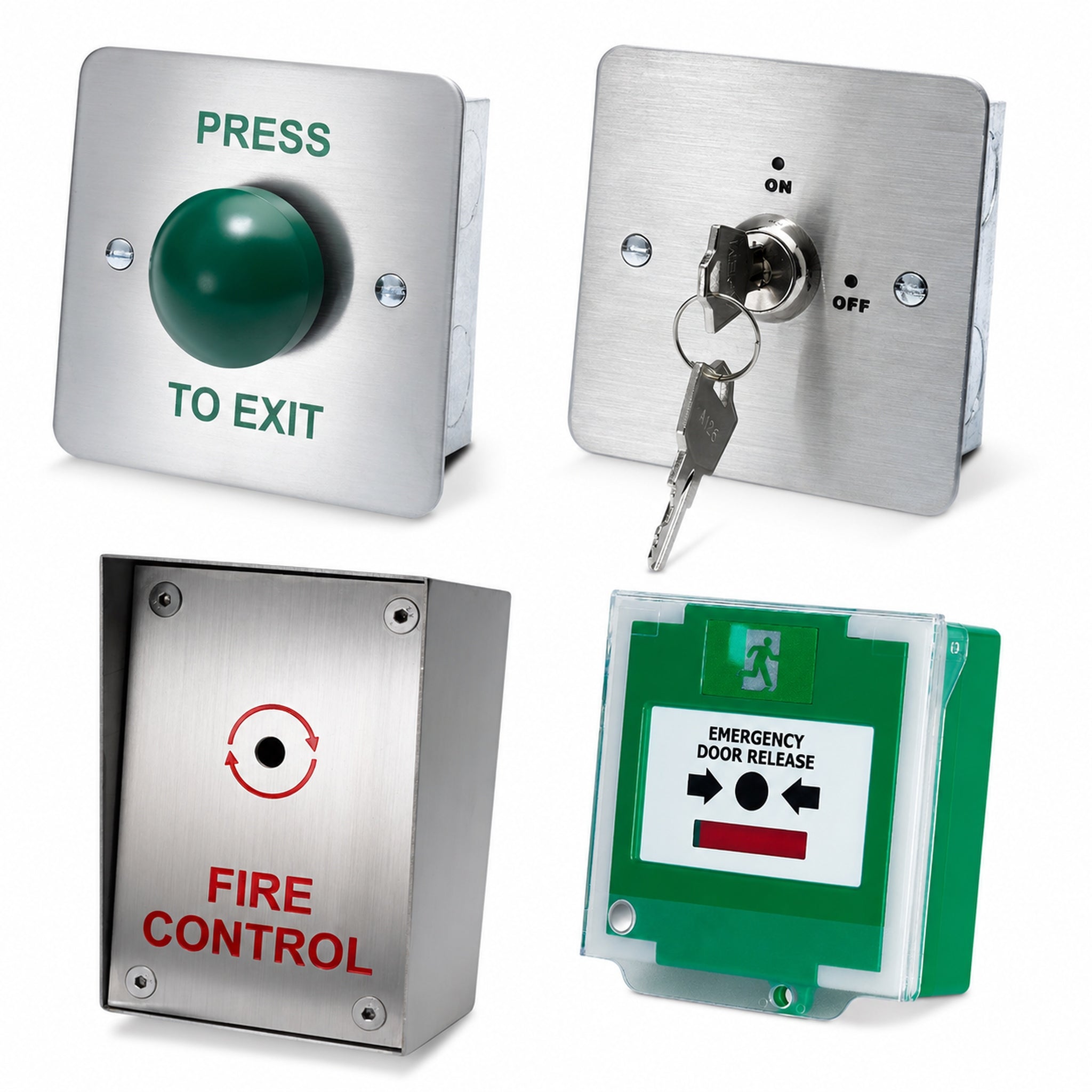 Exit Devices for Access Control Systems. Press to Exit Buttons, Emergency Call Points, Key Switches, Fire Switches, call point protectors.