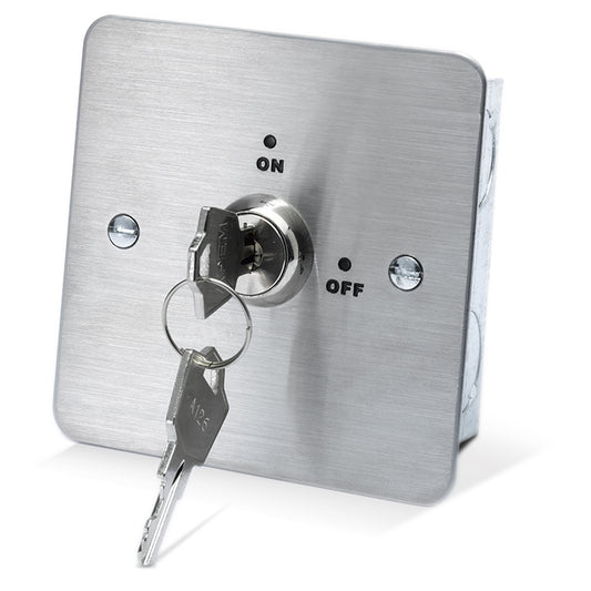 KS-001 maintained key switch with brushed stainless steel faceplate. Available in single and double pole versions. Optional surface mount surround