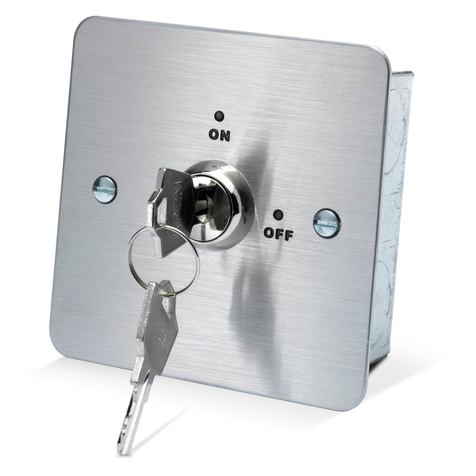 KS-002 momentary key switch with brushed stainless steel faceplate. Available in single and double pole versions. Optional surface mount surround