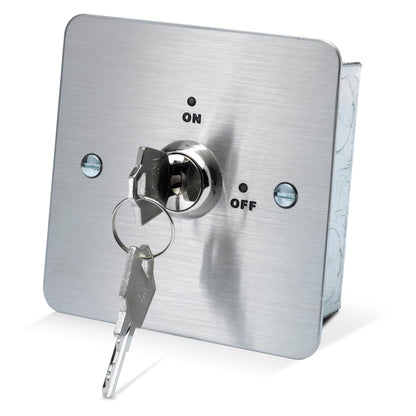 KS-002 momentary key switch with brushed stainless steel faceplate. Available in single and double pole versions. Optional surface mount surround