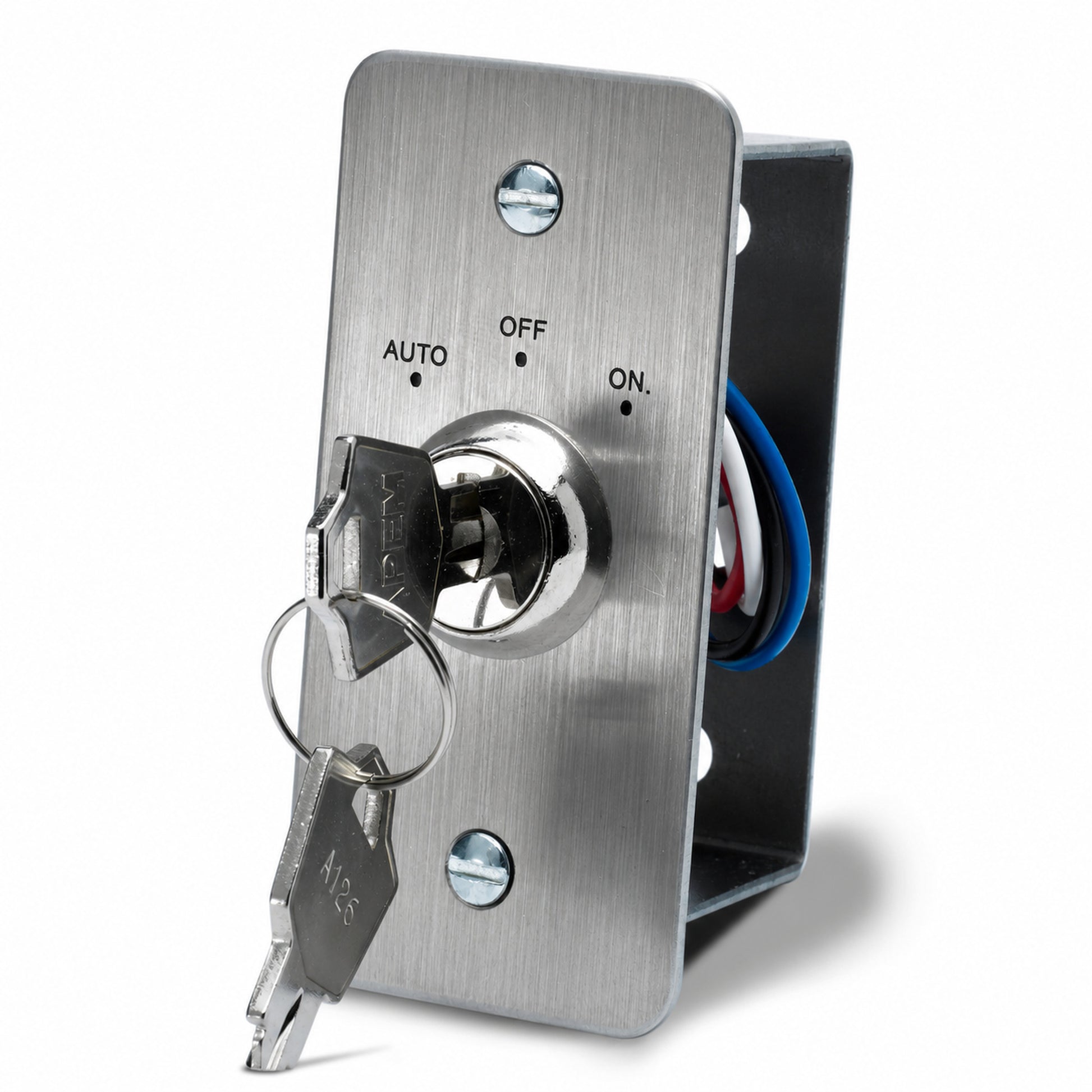 KS-002N-3POS 3-position momentary narrow double pole key switch with brushed stainless steel plate