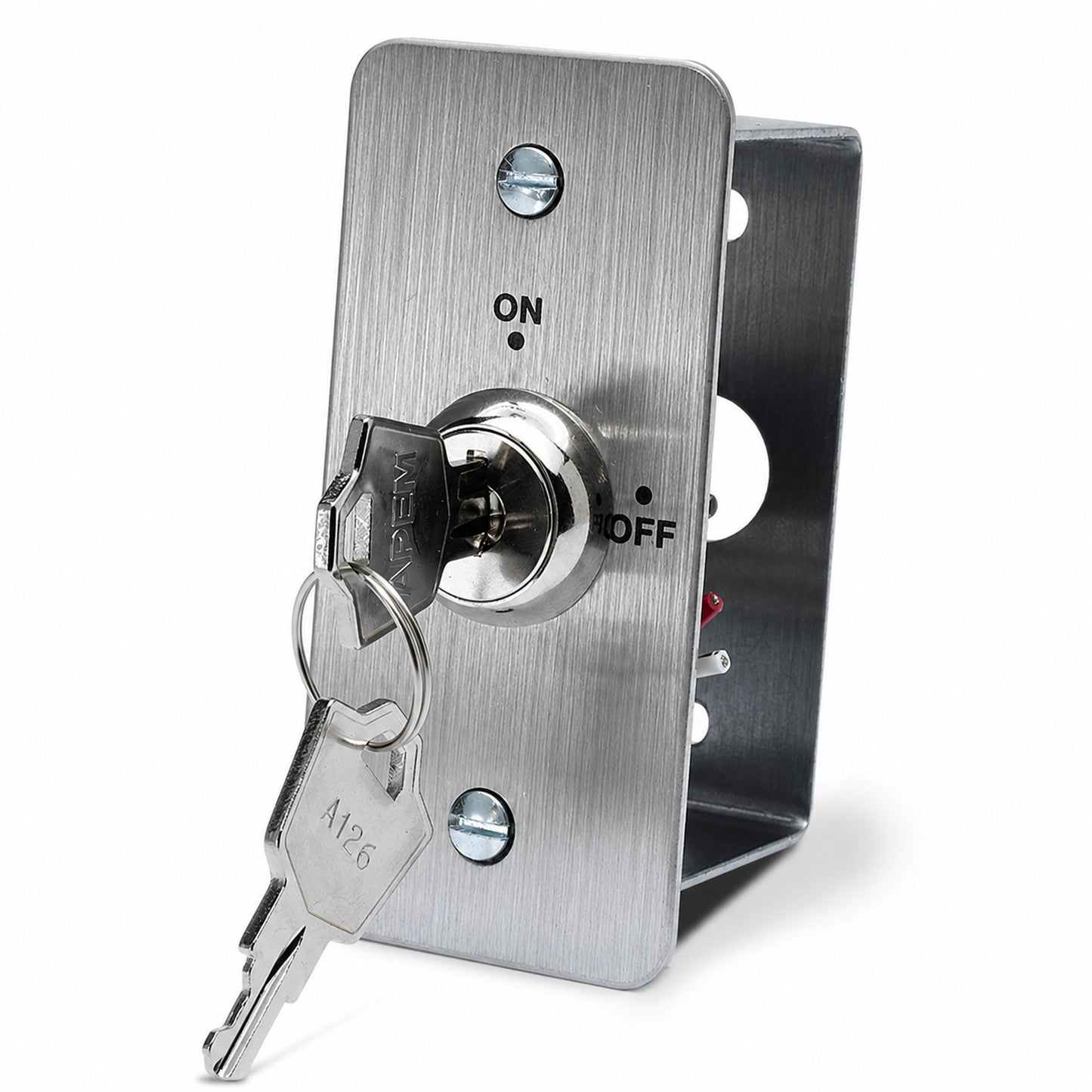 KS-002N momentary narrow key switch with brushed stainless steel faceplate. Available in single and double pole versions. Optional surface mount surround
