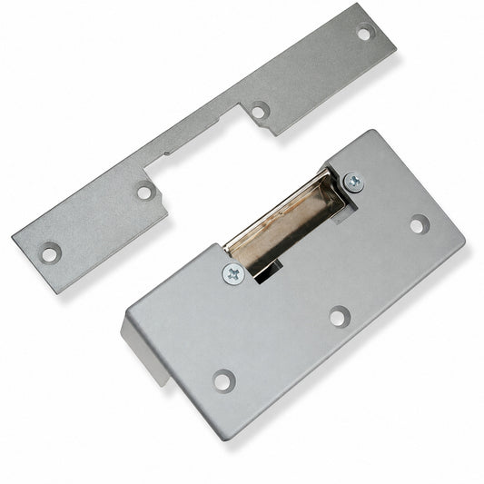 M1 electric release lock with fixed jaw and mortice and rim mounting plates