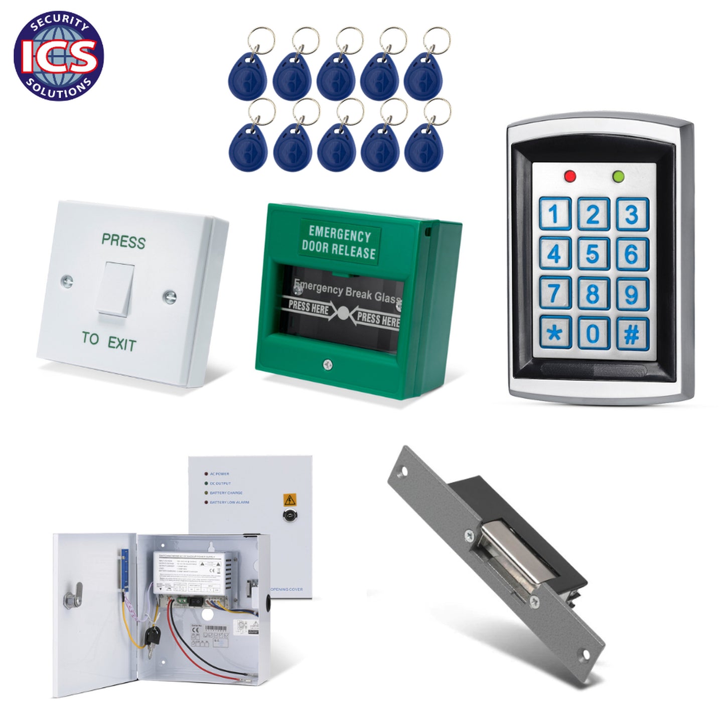ONE K7 single door keypad and proximity access control kit with DG800N reader, electric release, power supply, exit button and emergency door release unit