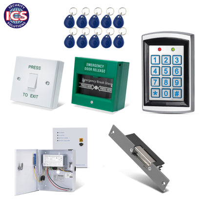 ONE K7 single door keypad and proximity access control kit with DG800N reader, electric release, power supply, exit button and emergency door release unit