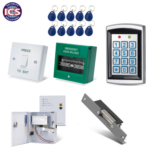 ONE K7 single door keypad and proximity access control kit with DG800N reader, electric release, power supply, exit button and emergency door release unit