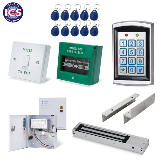 ONE K8 single door keypad and proximity maglock access control kit with DG800N reader, magnetic lock, Z and L bracket, power supply, exit button and emergency door release unit