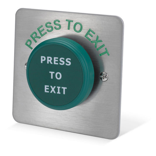 PBT-450BS 50mm raised green press to exit button with stainless steel faceplate