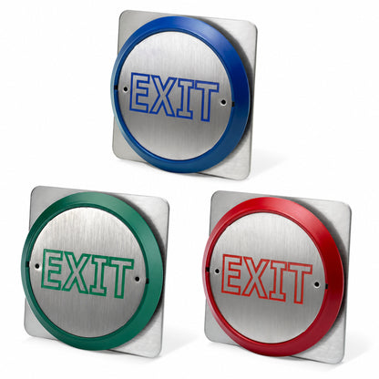 PBT-860BS Series 85mm raised press to exit buttons in blue green and red