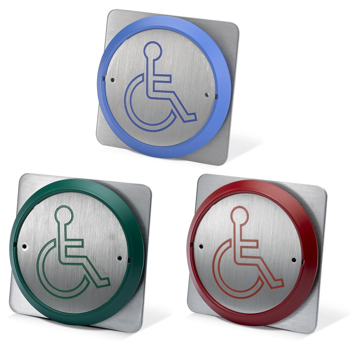 PBT-861BS Series 85mm press to exit buttons with wheelchair symbol in blue green and red