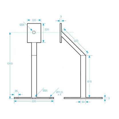 POST-M-G pedestrian height steel mounting post for intercoms and access control equipment showing dimensions 