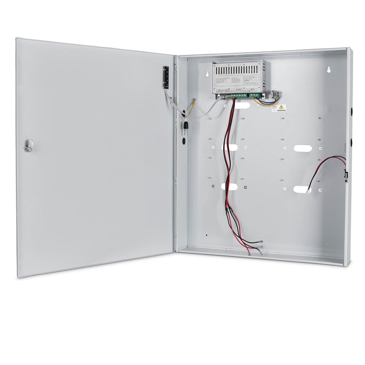 Internal view of a 12VDC 10A boxed power supply unit showing the lockable enclosure and circuit board