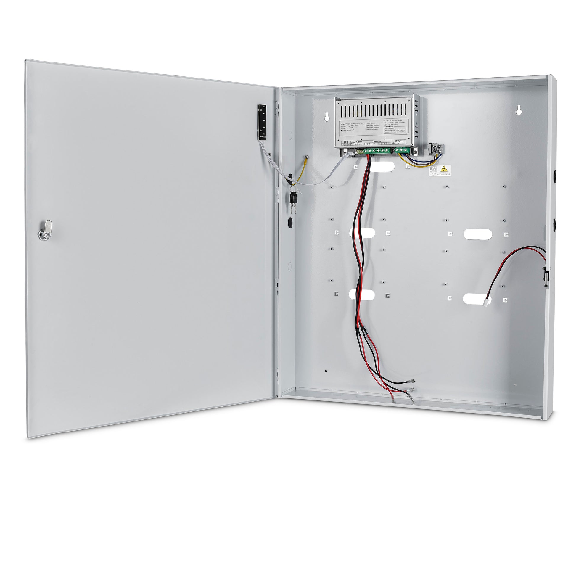 Internal view of a 12VDC 10A boxed power supply unit showing the lockable enclosure and circuit board