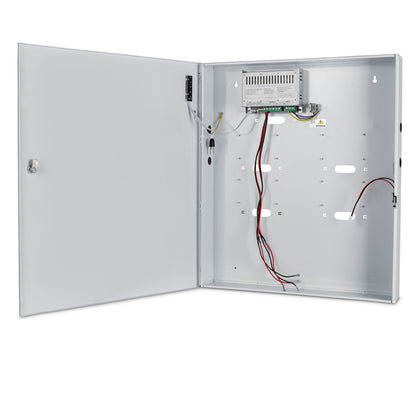 Internal view of a 12VDC 10A boxed power supply unit showing the lockable enclosure and circuit board