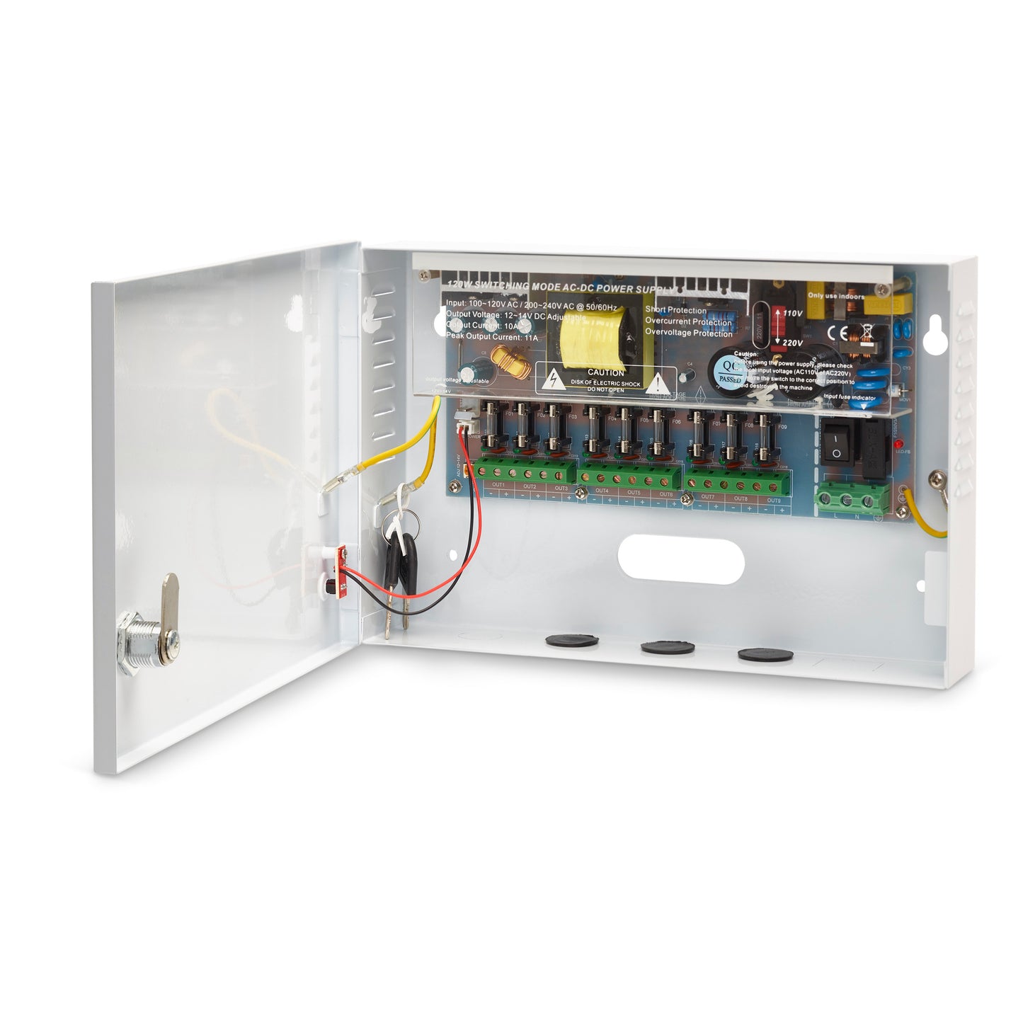 Internal view of a 12VDC 10A 9-way boxed power supply unit showing the lockable enclosure and circuit board