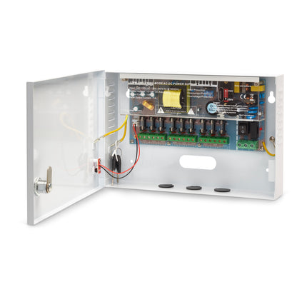 Internal view of a 12VDC 10A 9-way boxed power supply unit showing the lockable enclosure and circuit board