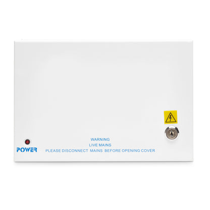 12VDC 10A 9-way boxed power supply unit in a lockable metal enclosure